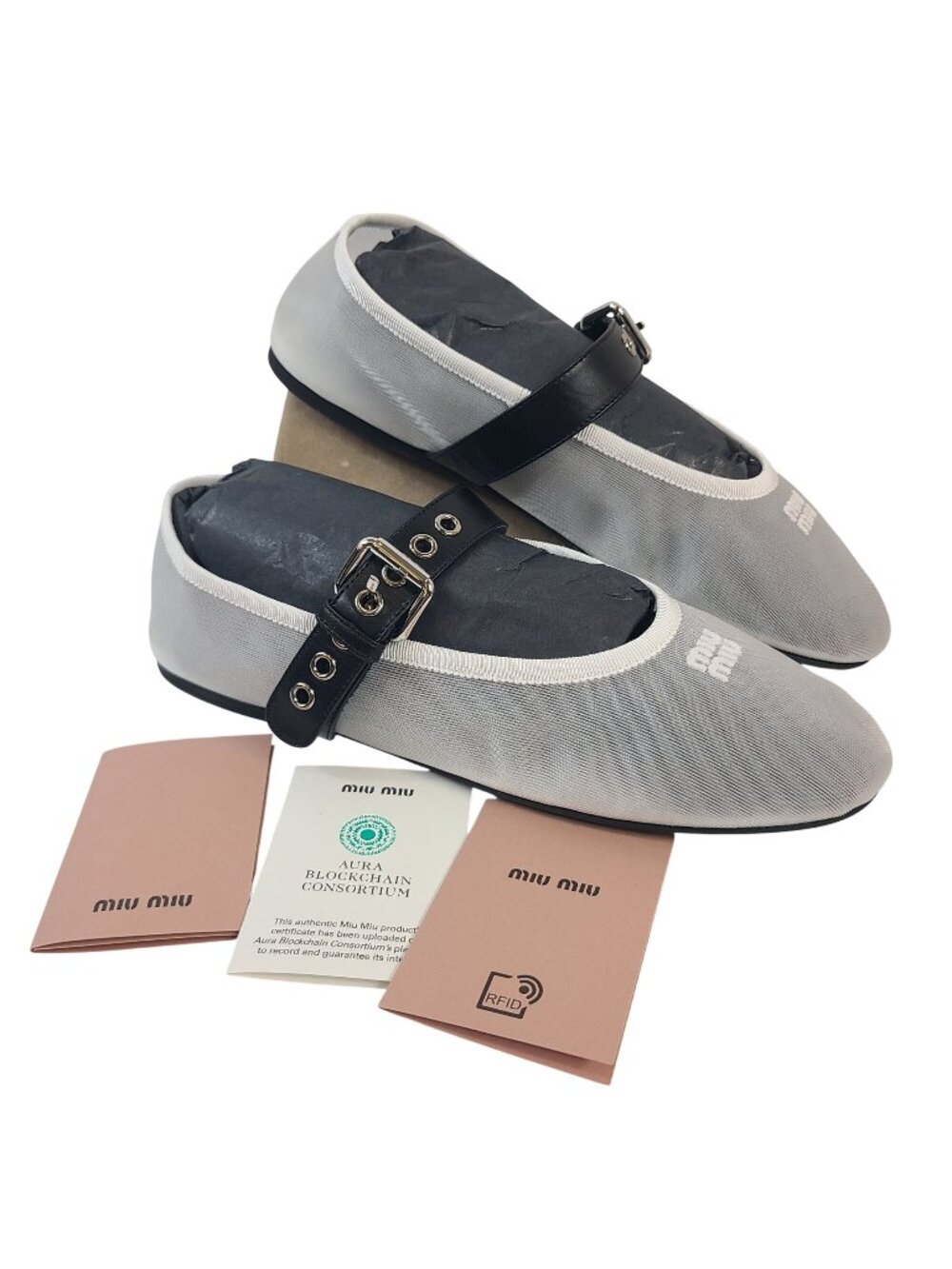 NEW Miu Miu Mesh Ballet Flats Adjustable Black Leather Strap Sz 39, US 9 White